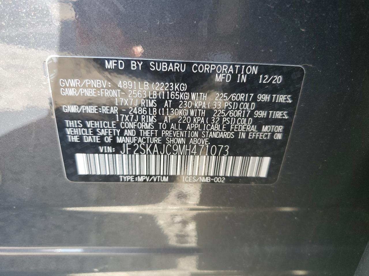 2021 Subaru Forester Premium VIN: JF2SKAJC9MH471073 Lot: 72833274