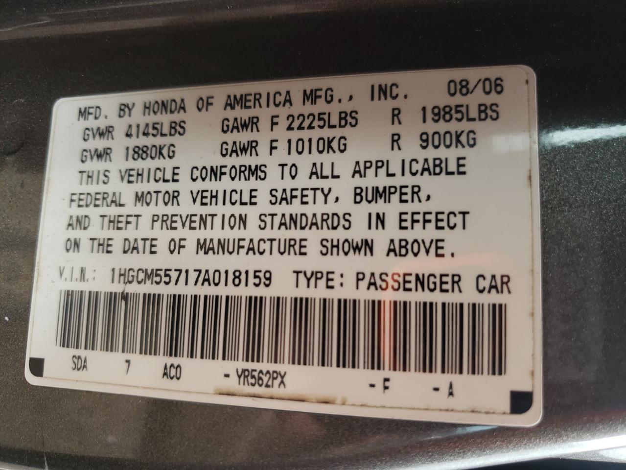 1HGCM55717A018159 2007 Honda Accord Ex