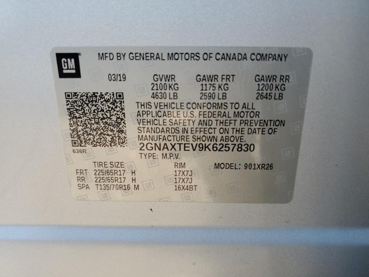 2GNAXTEV9K6257830 2019 Chevrolet Equinox Lt