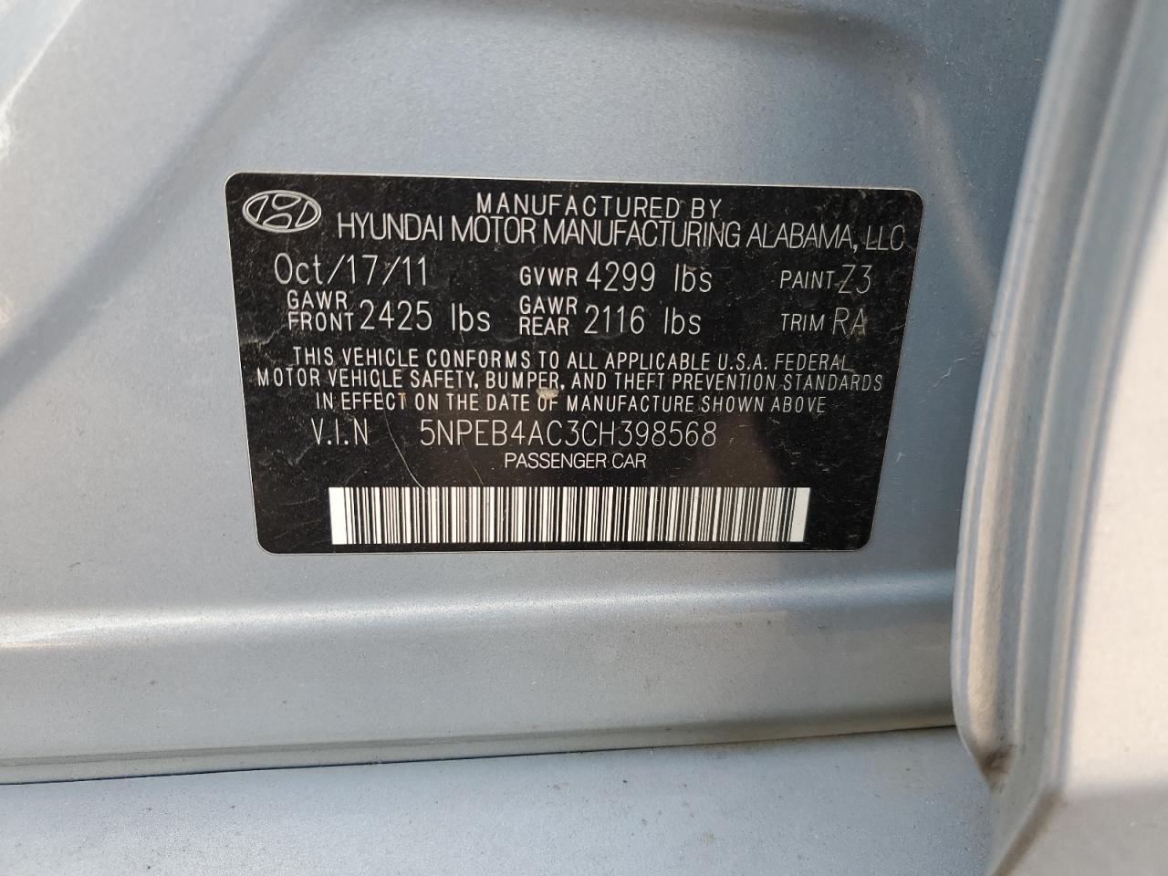 5NPEB4AC3CH398568 2012 Hyundai Sonata Gls