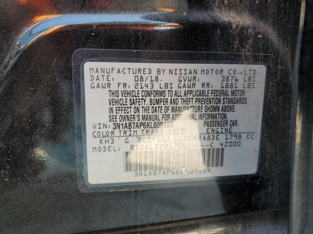 3N1AB7AP6KL609184 2019 Nissan Sentra S