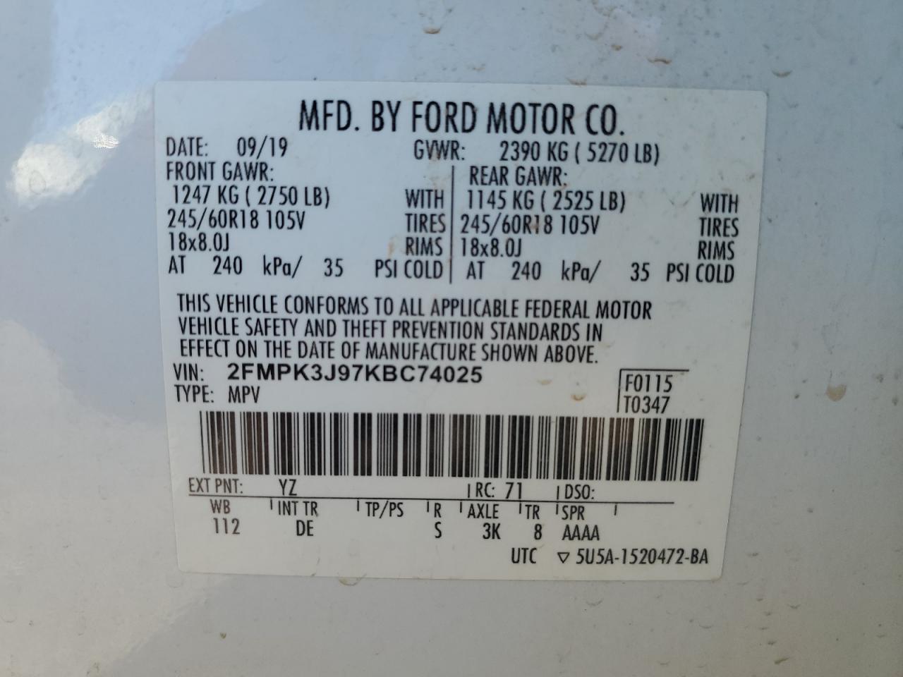 2FMPK3J97KBC74025 2019 Ford Edge Sel