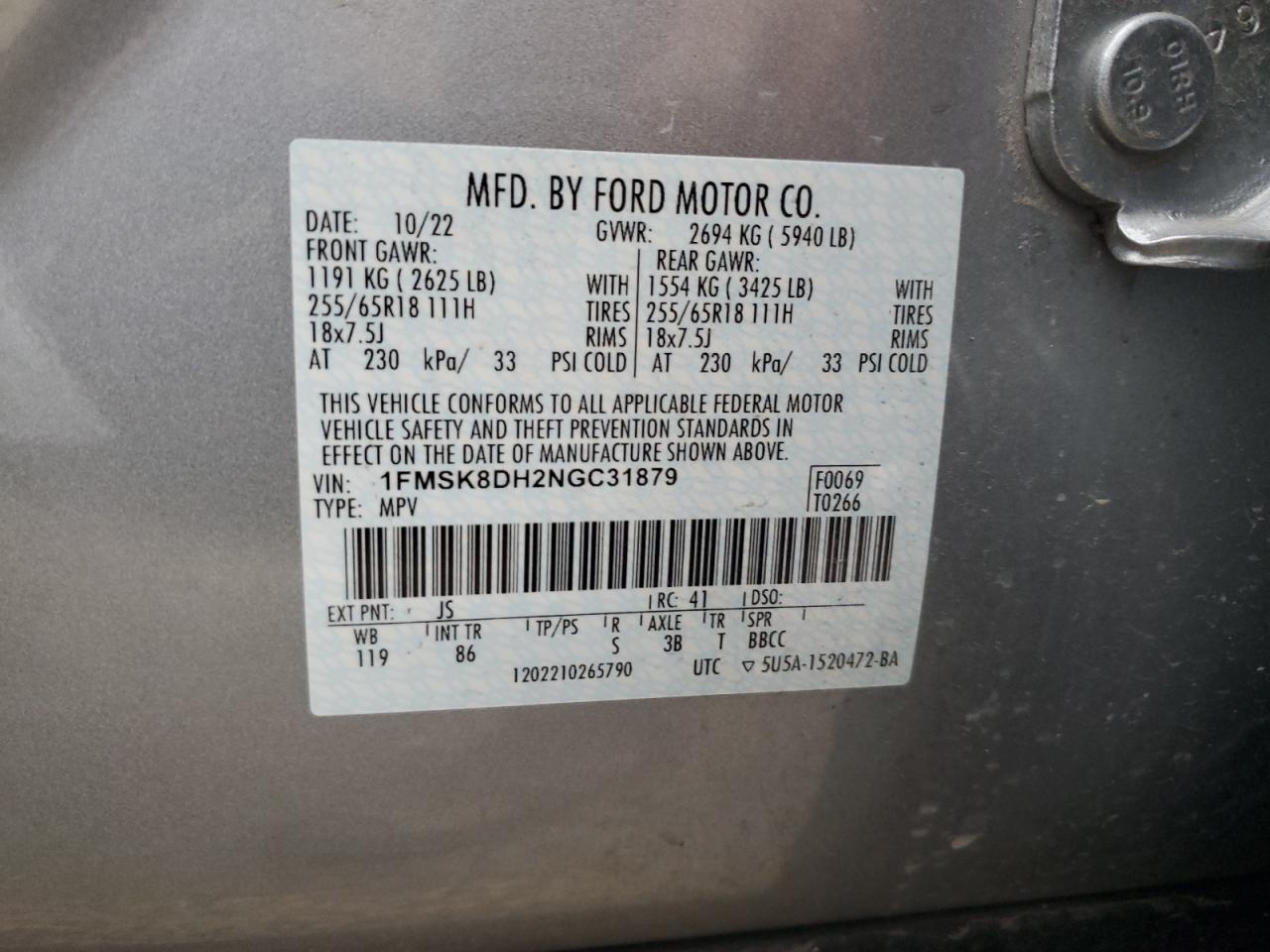 1FMSK8DH2NGC31879 2022 Ford Explorer Xlt