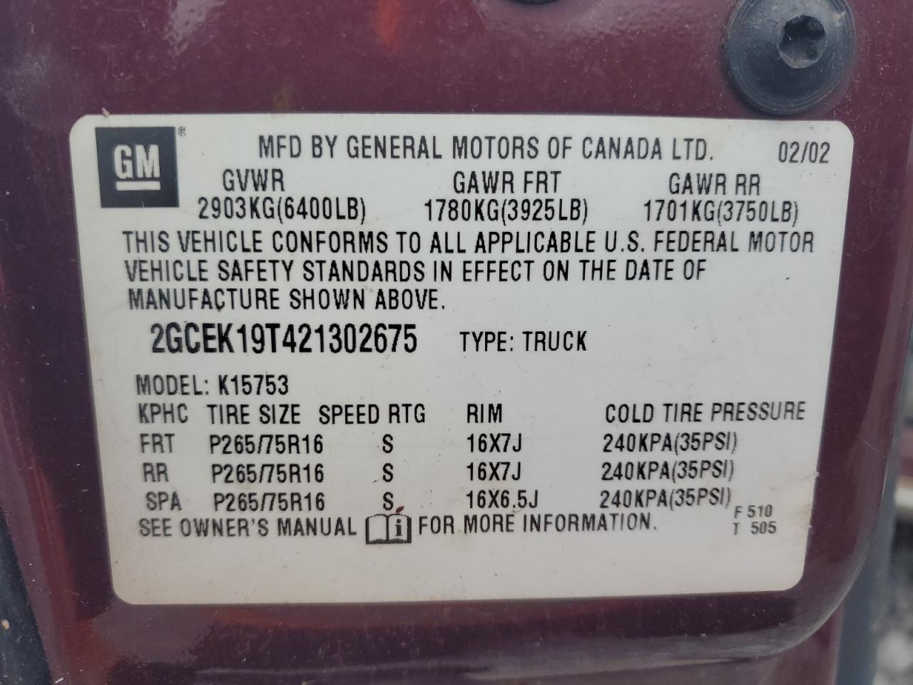 2GCEK19T421302675 2002 Chevrolet Silverado K1500