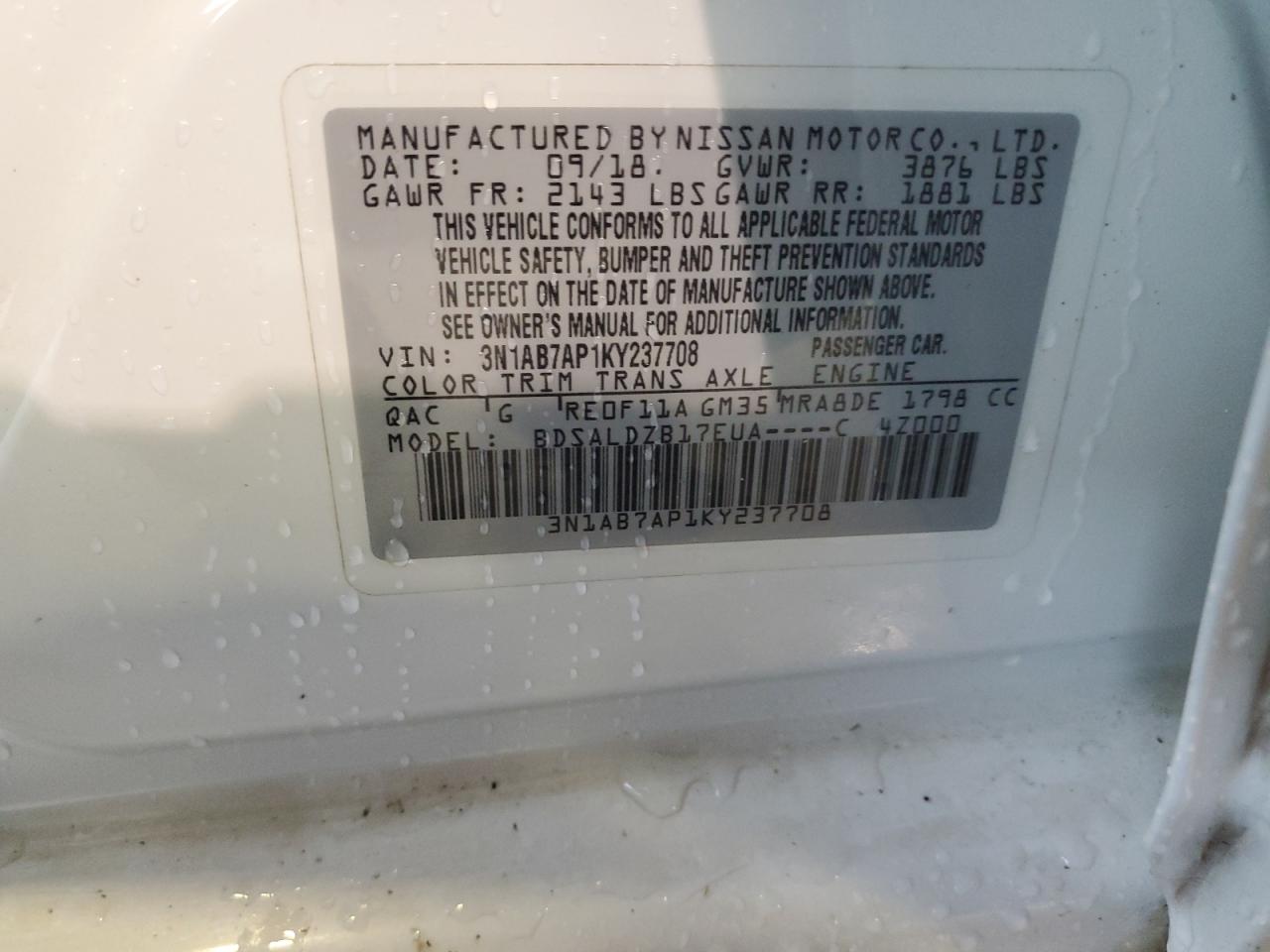 3N1AB7AP1KY237708 2019 Nissan Sentra S