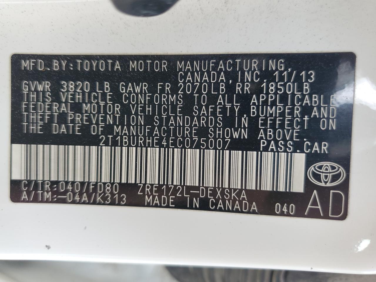 2T1BURHE4EC075007 2014 Toyota Corolla L