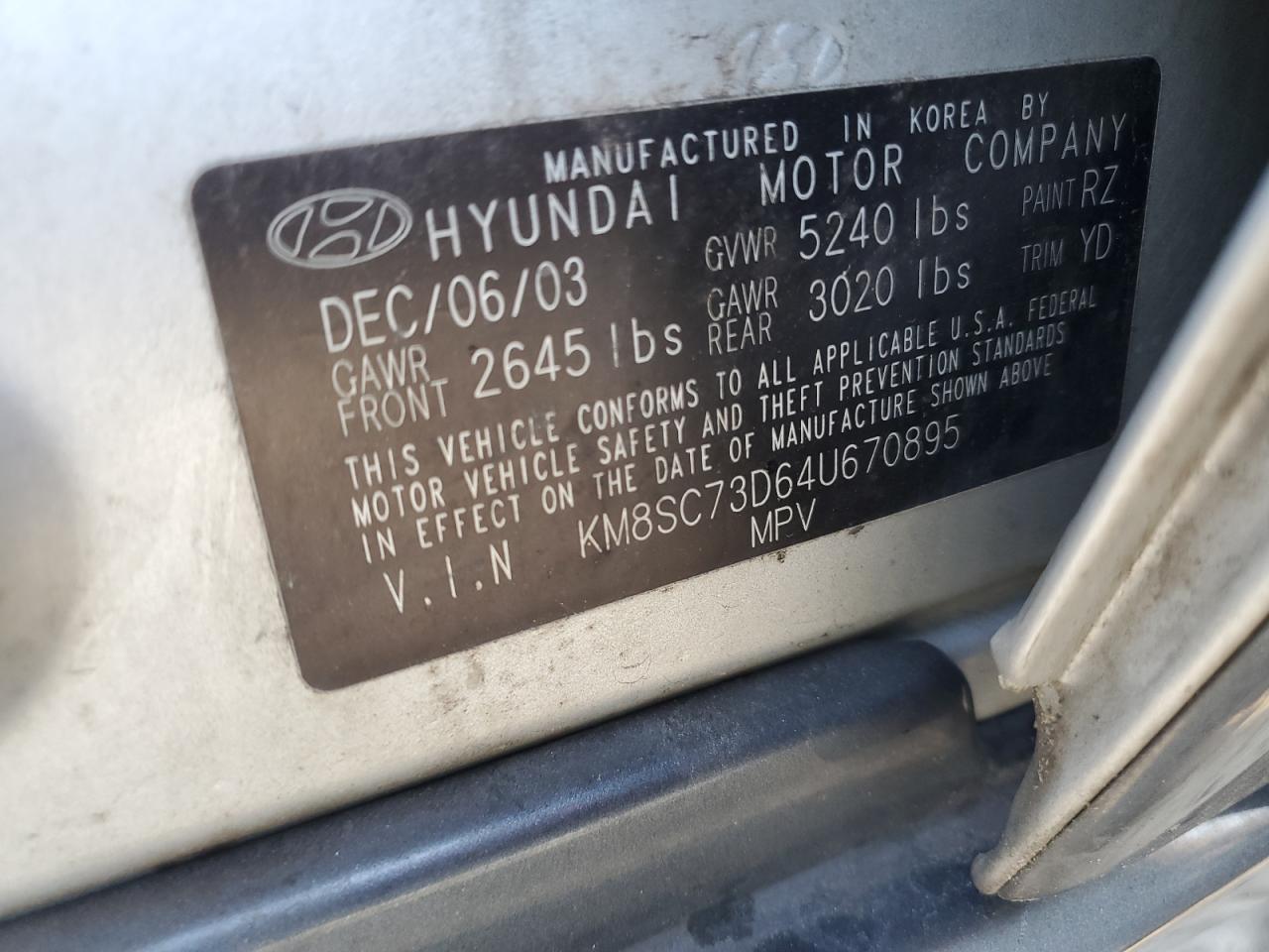 KM8SC73D64U670895 2004 Hyundai Santa Fe Gls