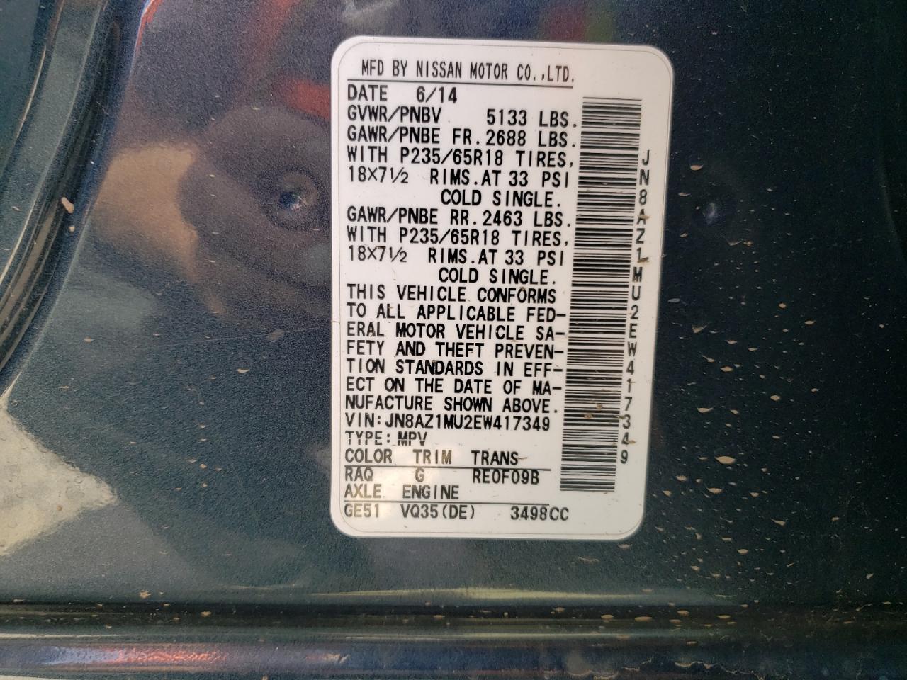 JN8AZ1MU2EW417349 2014 Nissan Murano S