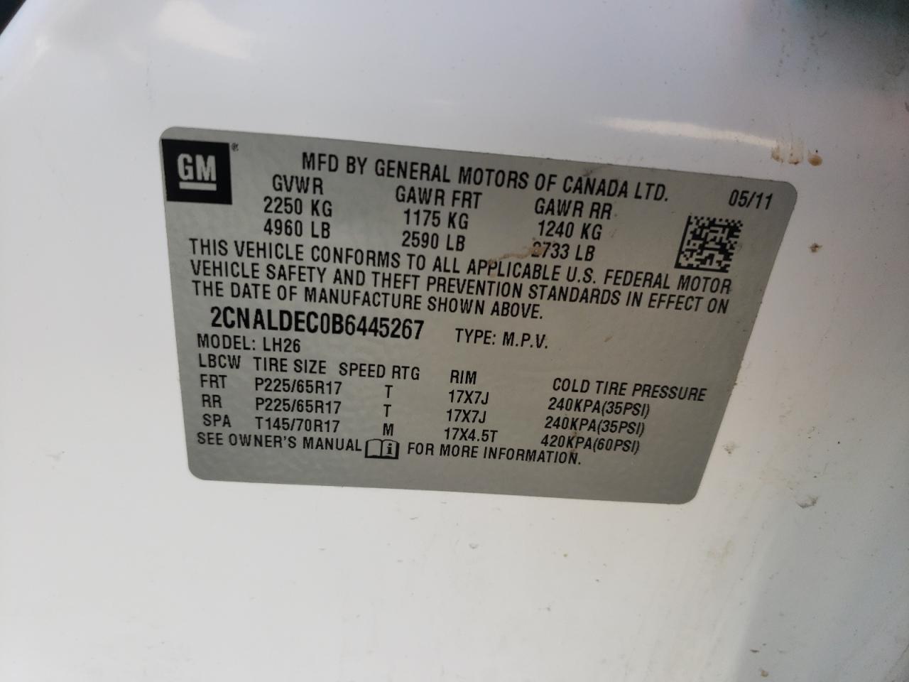 2CNALDEC0B6445267 2011 Chevrolet Equinox Lt