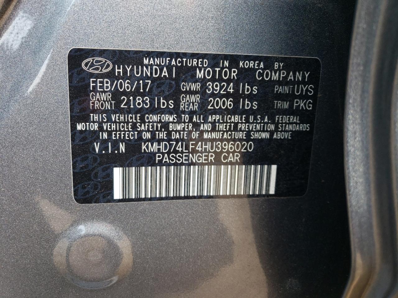 KMHD74LF4HU396020 2017 Hyundai Elantra Se