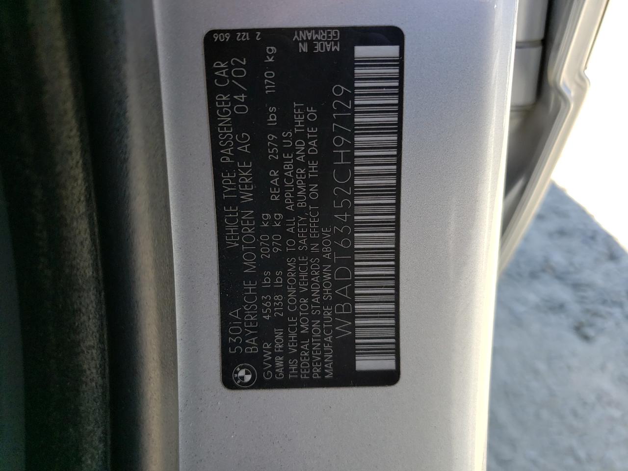 2002 BMW 530 I Automatic VIN: WBADT63452CH97129 Lot: 73349124