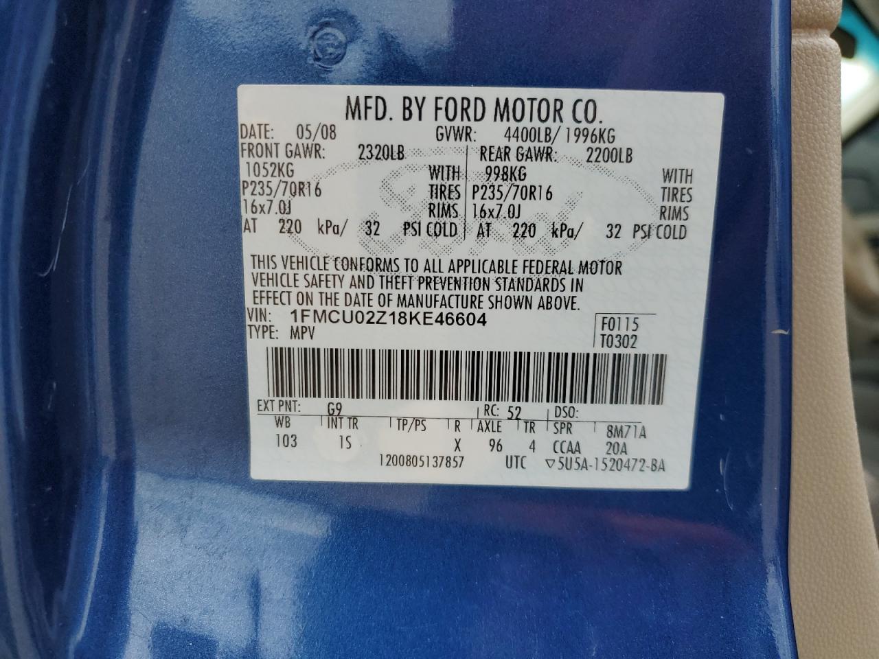 2008 Ford Escape Xls VIN: 1FMCU02Z18KE46604 Lot: 69904764