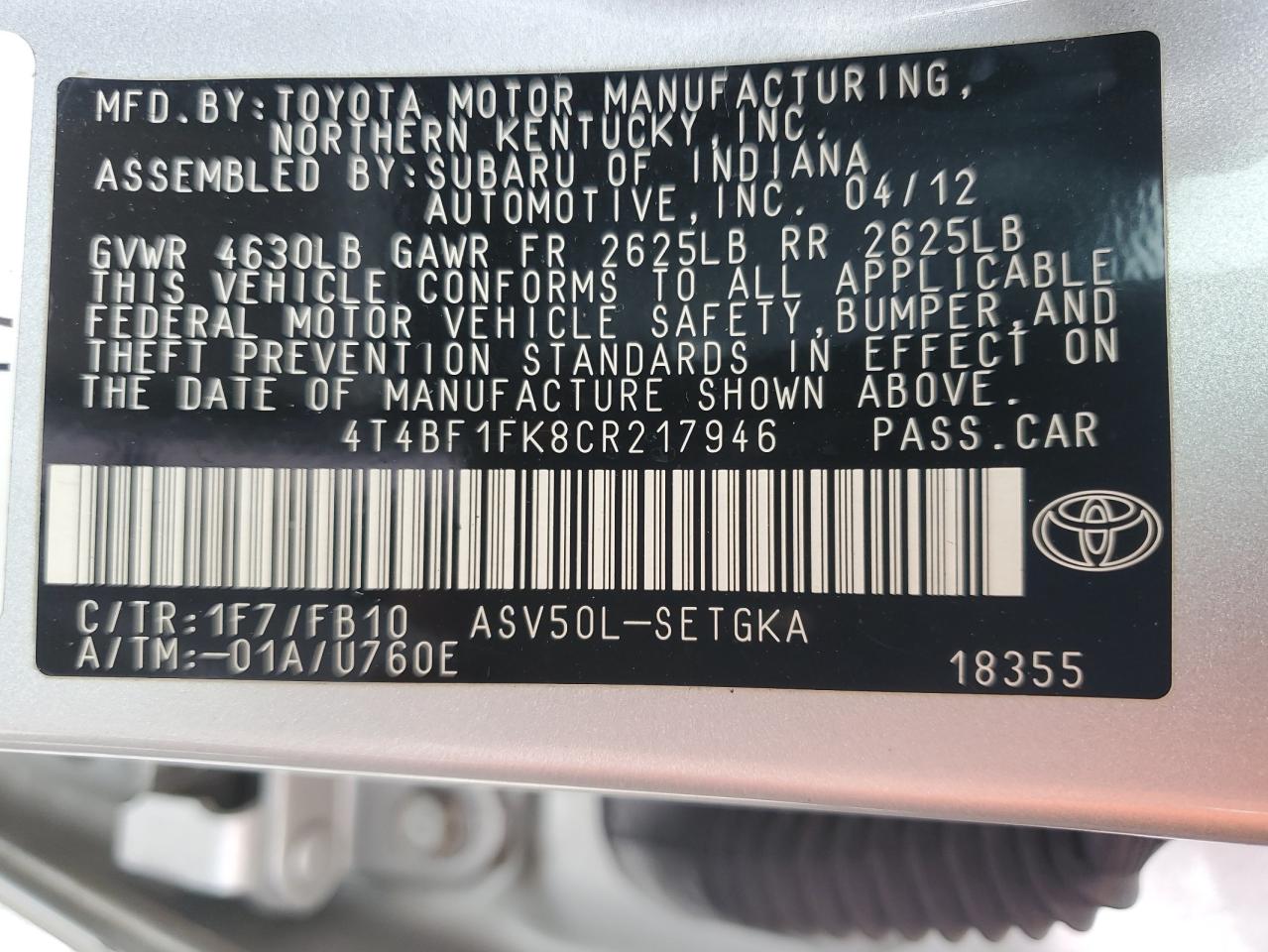 4T4BF1FK8CR217946 2012 Toyota Camry Base