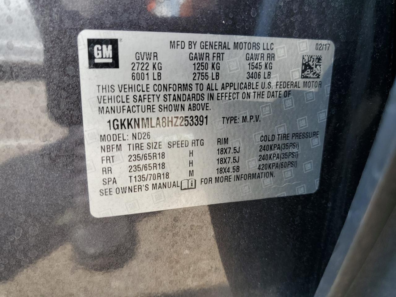 1GKKNMLA8HZ253391 2017 GMC Acadia Slt-1