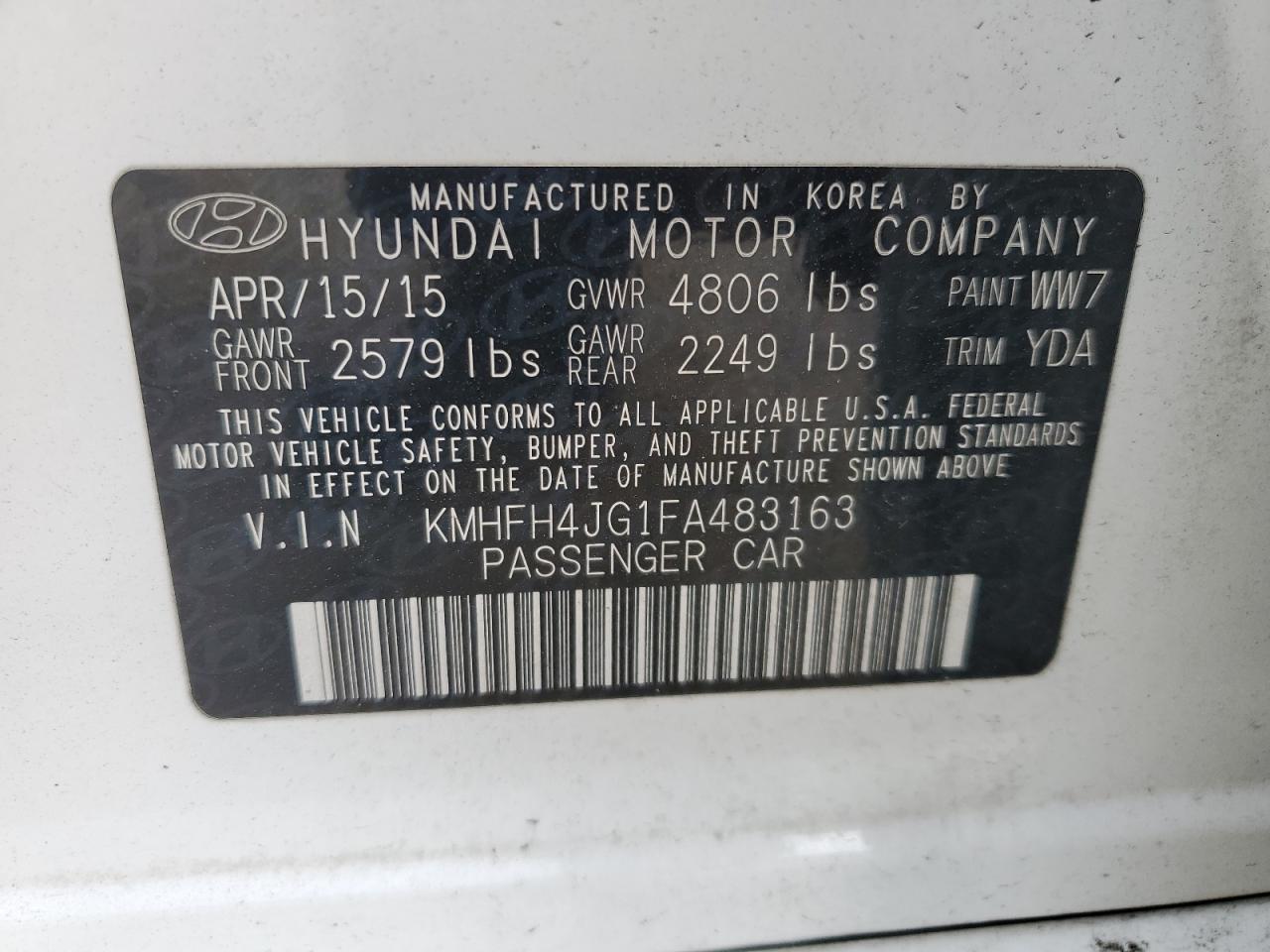 KMHFH4JG1FA483163 2015 Hyundai Azera Limited