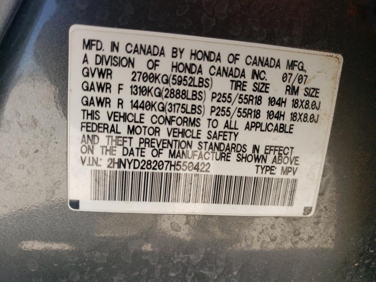 2007 Acura Mdx VIN: 2HNYD28207H550422 Lot: 84999464