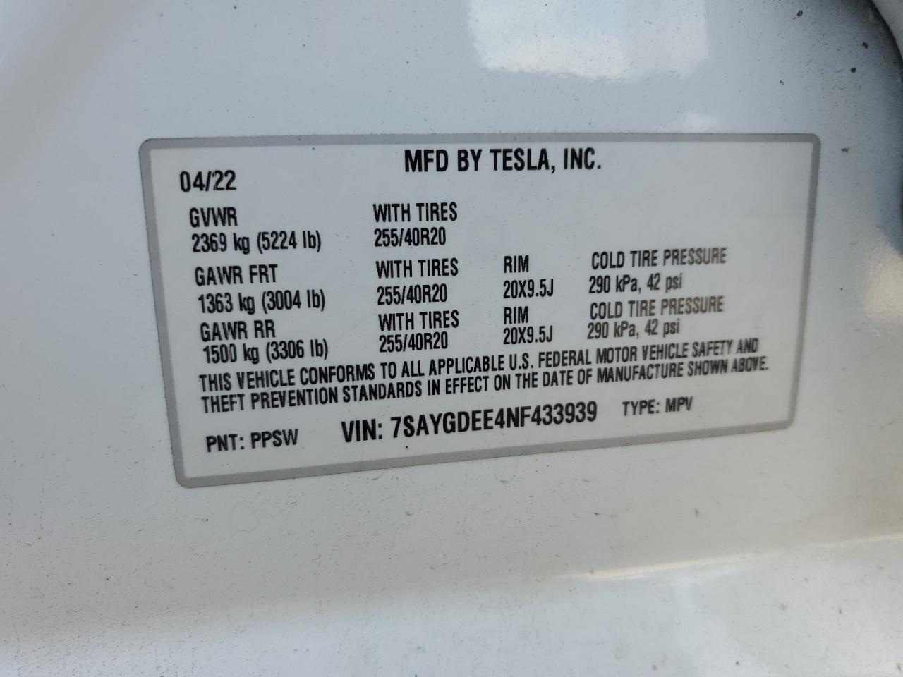 2022 Tesla Model Y VIN: 7SAYGDEE4NF433939 Lot: 72300974