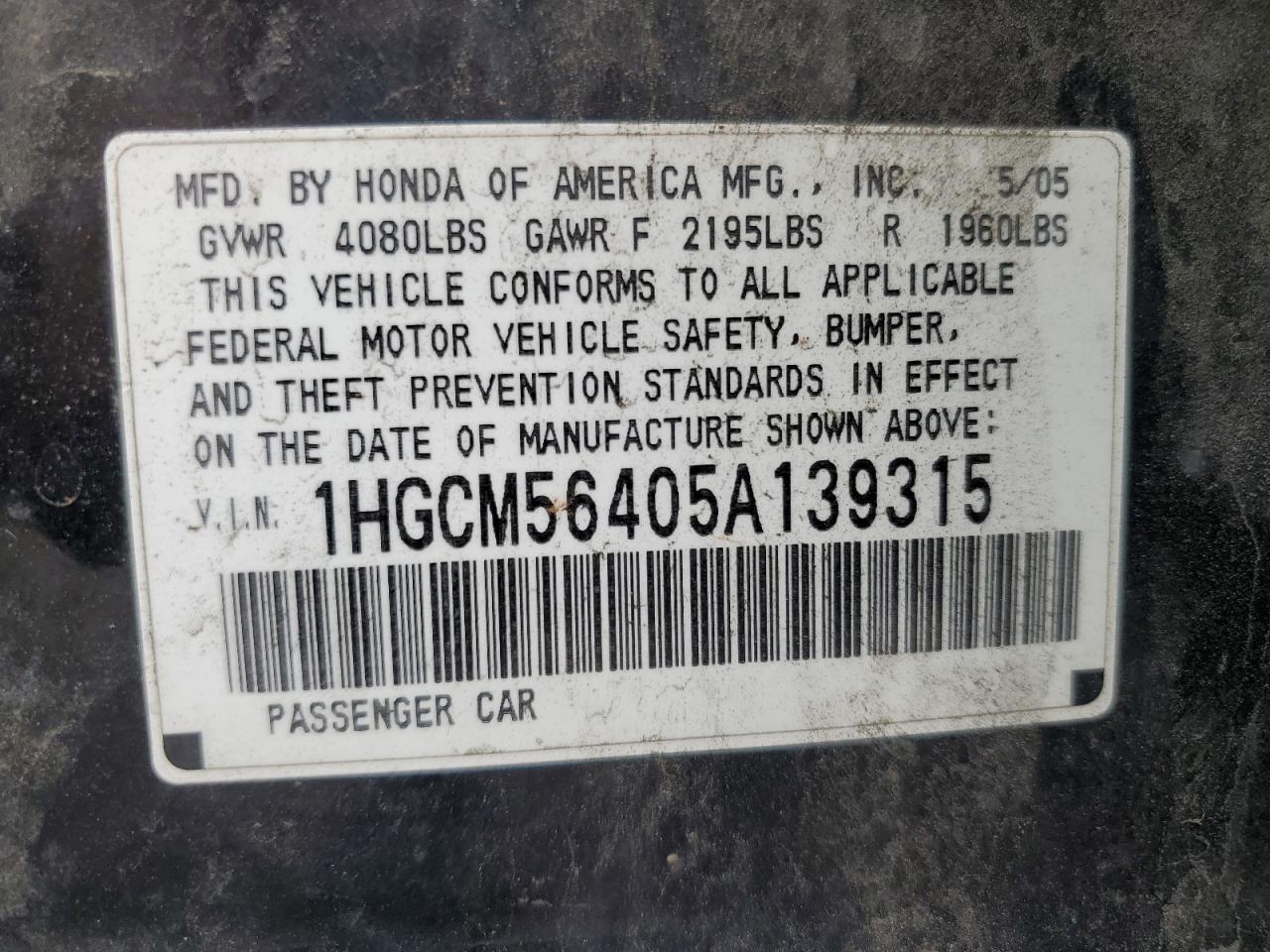 1HGCM56405A139315 2005 Honda Accord Lx