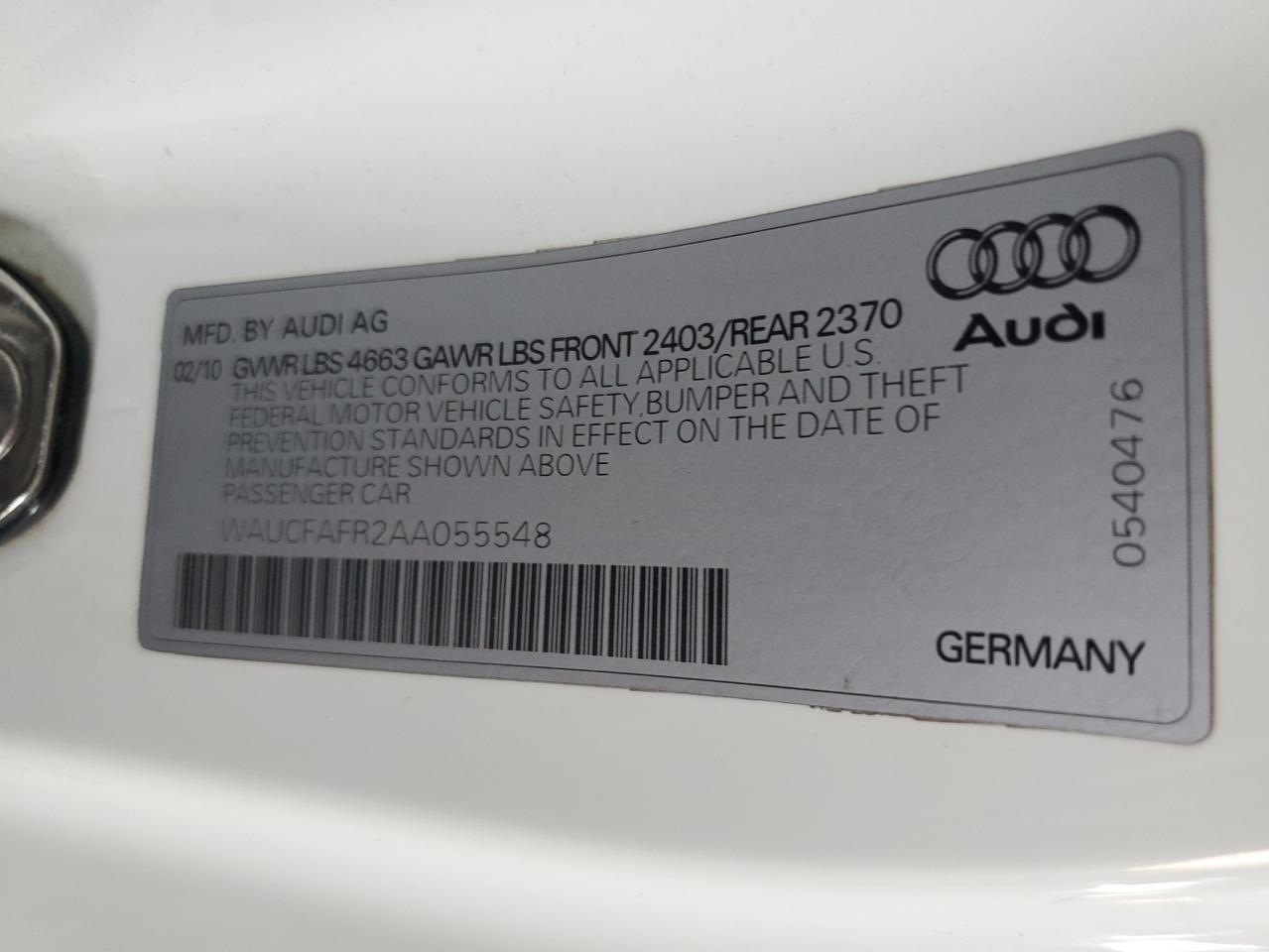 2010 Audi A5 Premium VIN: WAUCFAFR2AA055548 Lot: 70880214