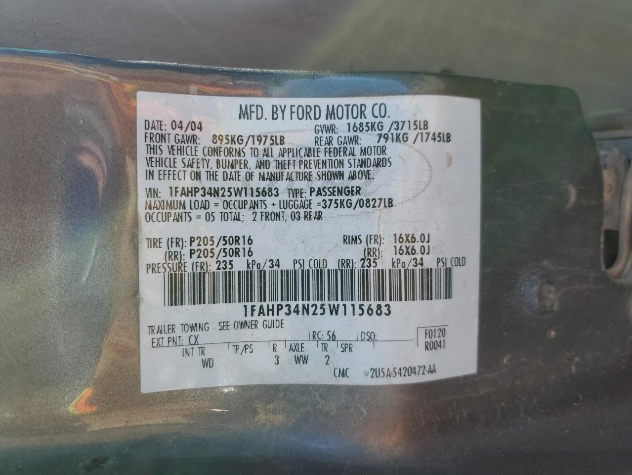 1FAHP34N25W115683 2005 Ford Focus Zx4