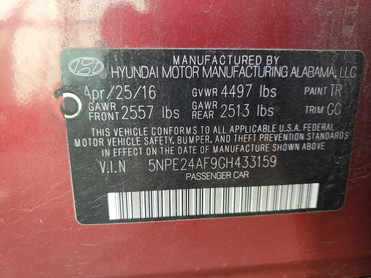 5NPE24AF9GH433159 2016 Hyundai Sonata Se