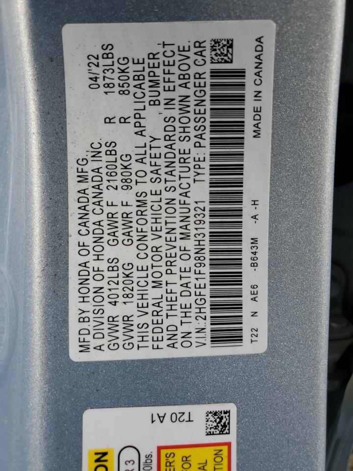 2HGFE1F98NH319321 2022 Honda Civic Touring