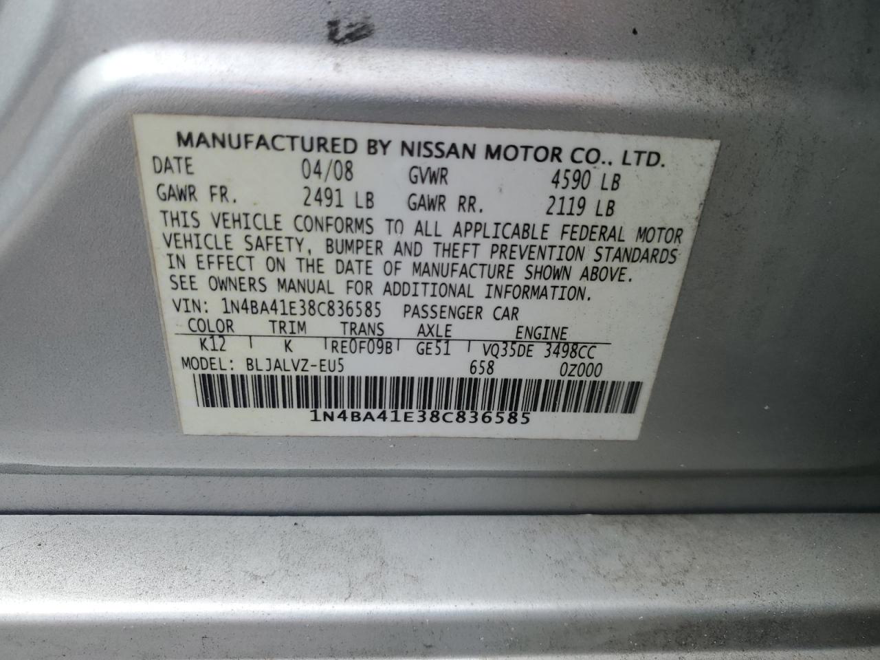 1N4BA41E38C836585 2008 Nissan Maxima Se