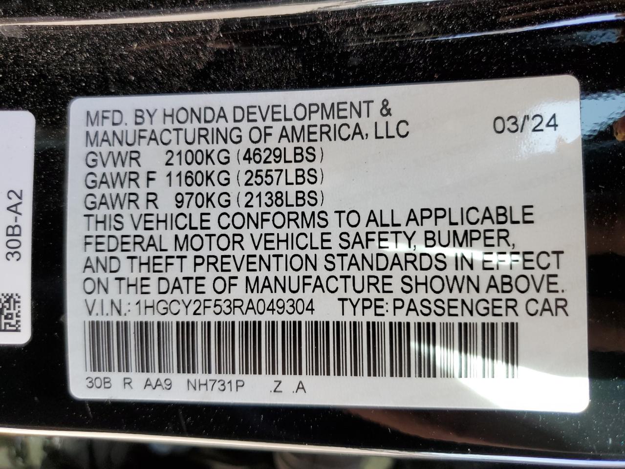 1HGCY2F53RA049304 2024 Honda Accord Hybrid Sport