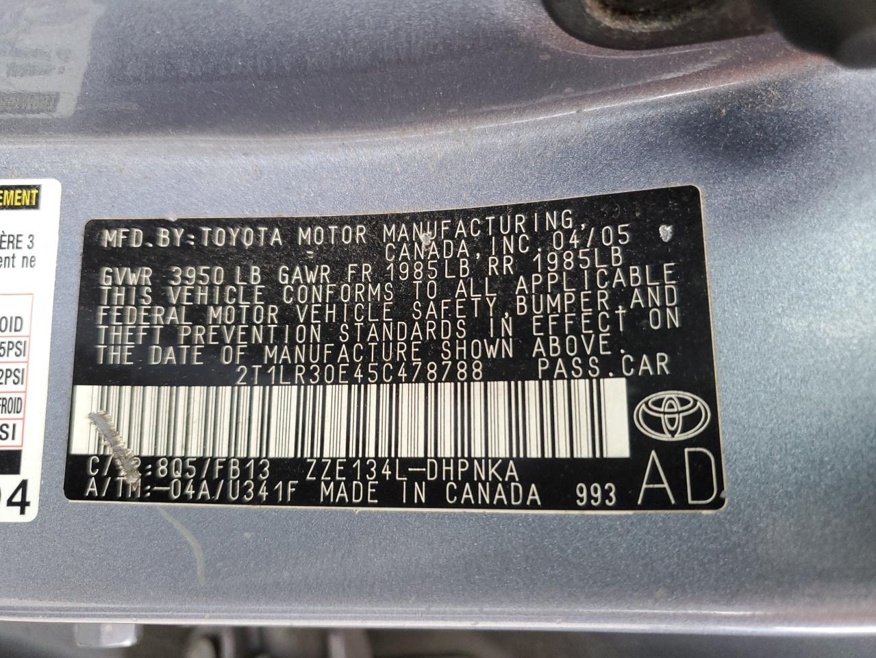 2005 Toyota Corolla Matrix Base VIN: 2T1LR30E45C478788 Lot: 72949634