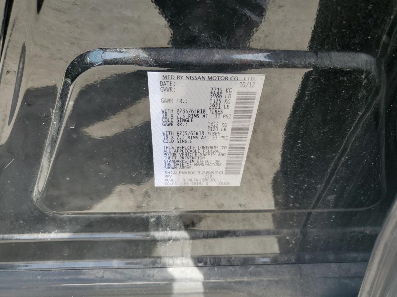 2013 Infiniti Jx35 VIN: 5N1AL0MM6DC326670 Lot: 71233274