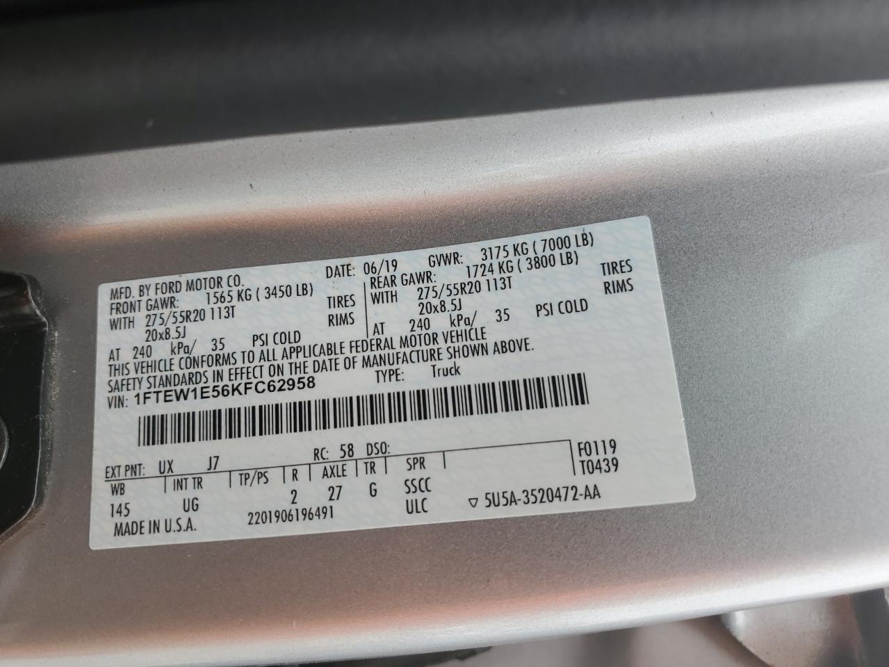 2019 Ford F150 Supercrew VIN: 1FTEW1E56KFC62958 Lot: 72132204