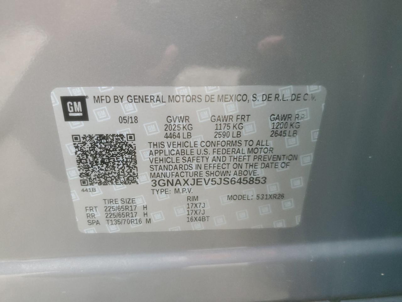 3GNAXJEV5JS645853 2018 Chevrolet Equinox Lt