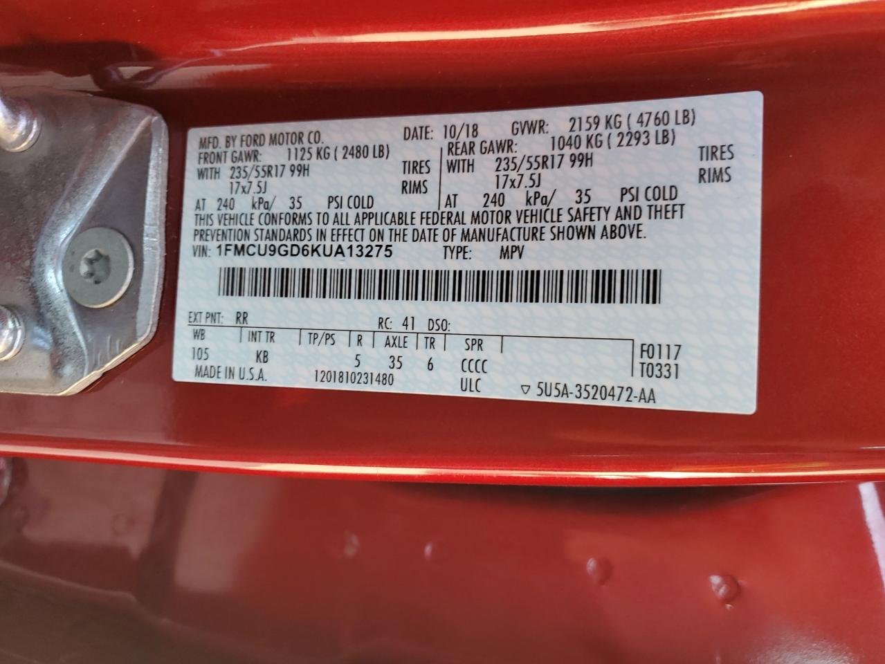 1FMCU9GD6KUA13275 2019 Ford Escape Se