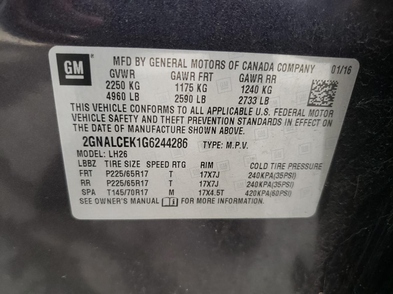 2GNALCEK1G6244286 2016 Chevrolet Equinox Lt