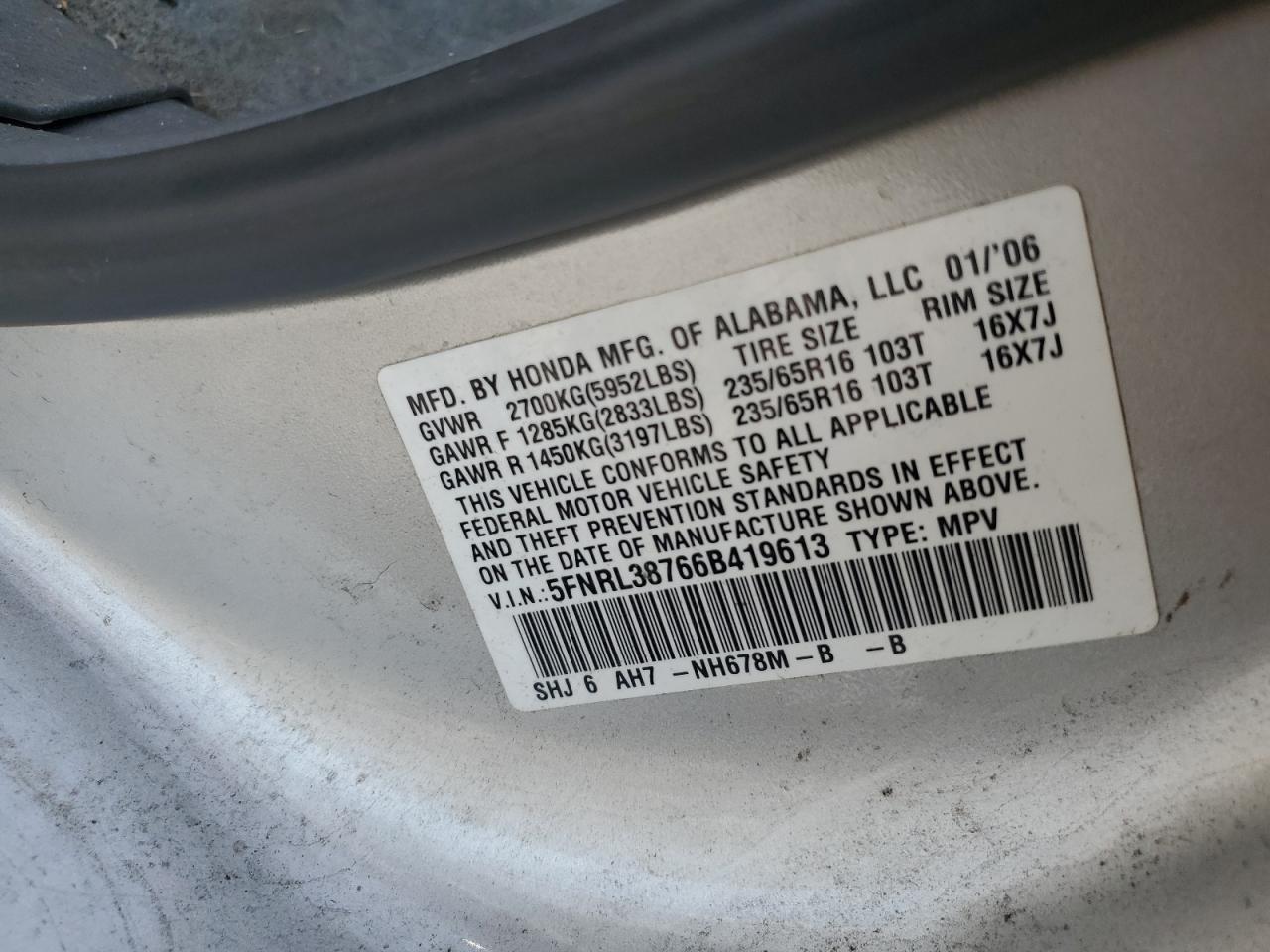 5FNRL38766B419613 2006 Honda Odyssey Exl