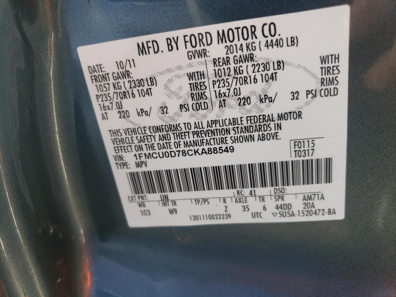 1FMCU0D78CKA88549 2012 Ford Escape Xlt