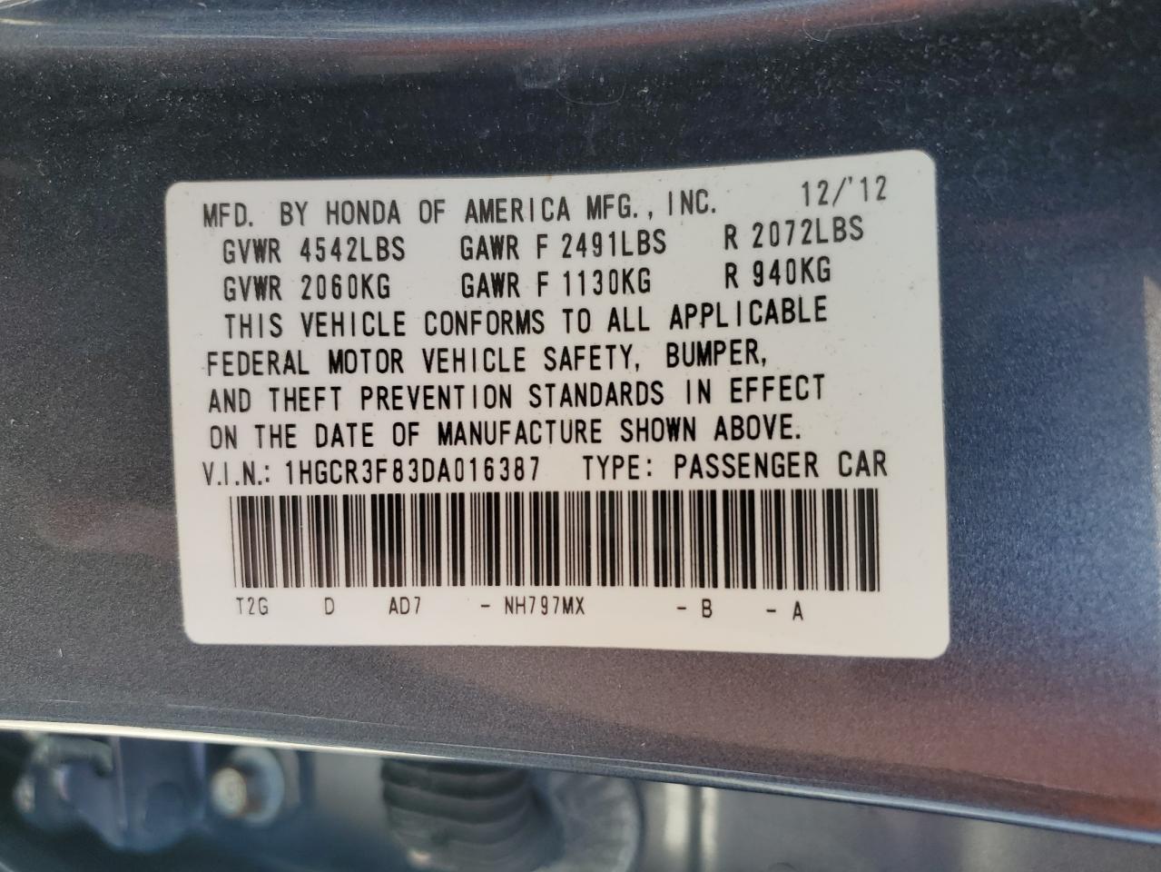 1HGCR3F83DA016387 2013 Honda Accord Exl