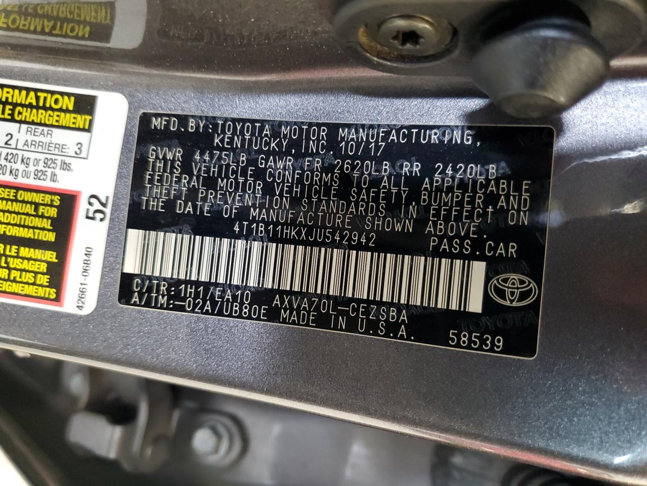 4T1B11HKXJU542942 2018 Toyota Camry L