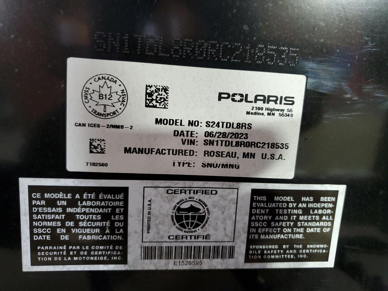 2024 Polaris Indy VIN: SN1TDL8R0RC218535 Lot: 70520854