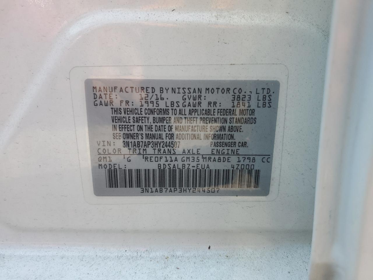 3N1AB7AP3HY244507 2017 Nissan Sentra S