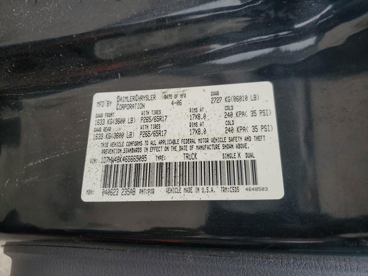 2006 Dodge Dakota Quad Slt VIN: 1D7HW48K46S665095 Lot: 73365124