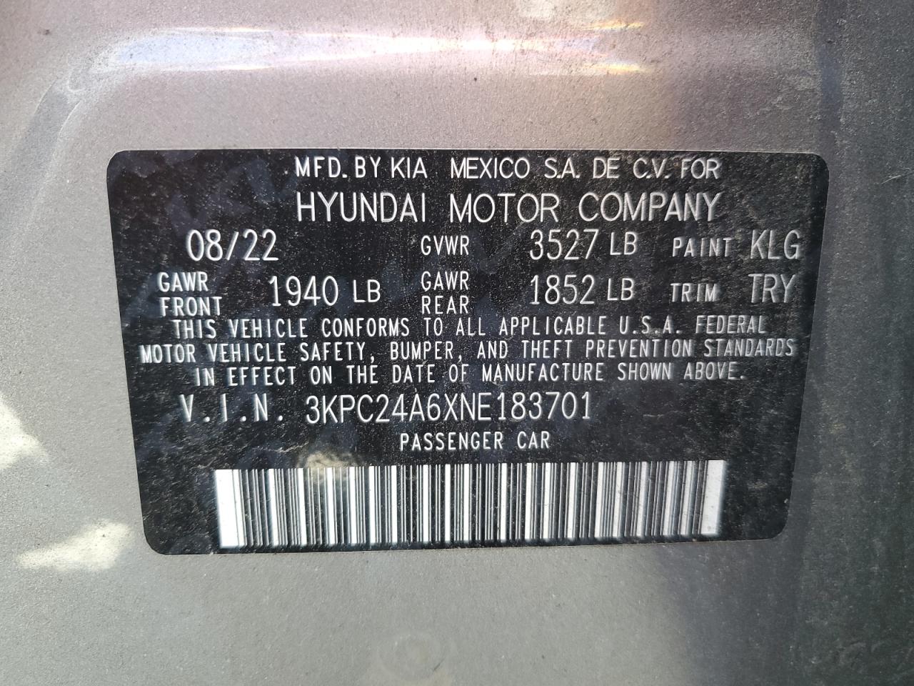 3KPC24A6XNE183701 2022 Hyundai Accent Se