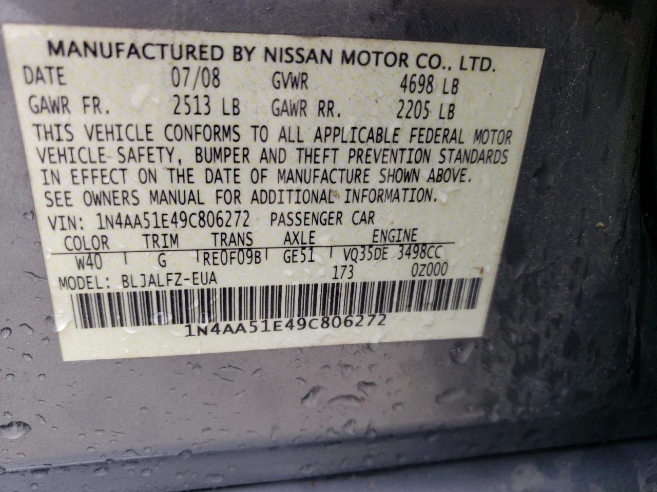 1N4AA51E49C806272 2009 Nissan Maxima S