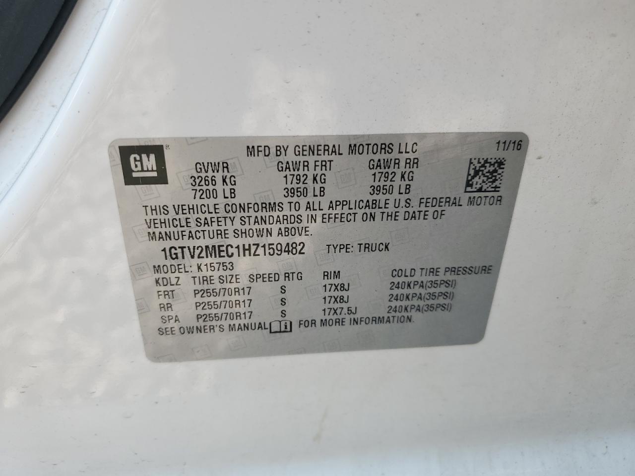 1GTV2MEC1HZ159482 2017 GMC Sierra K1500 Sle