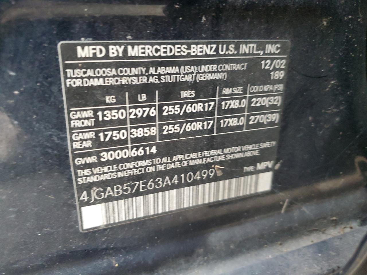 4JGAB57E63A410499 2003 Mercedes-Benz Ml 350