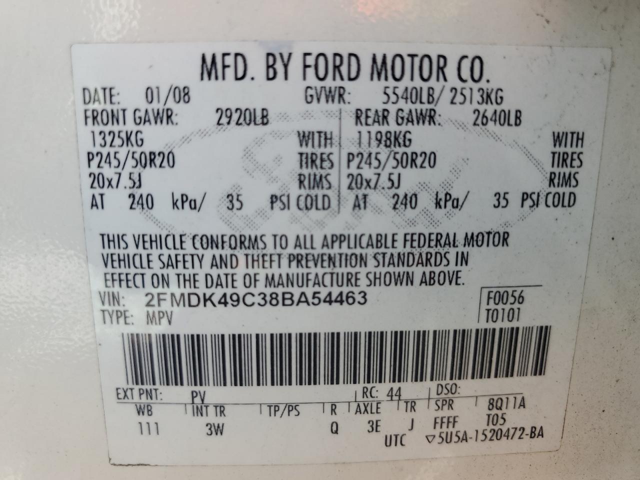 2FMDK49C38BA54463 2008 Ford Edge Limited