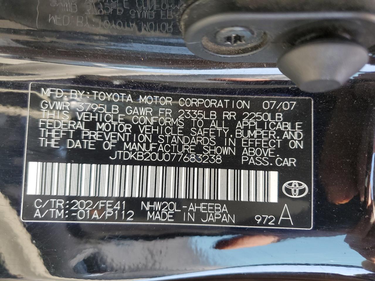 2007 Toyota Prius VIN: JTDKB20U077683238 Lot: 68432474