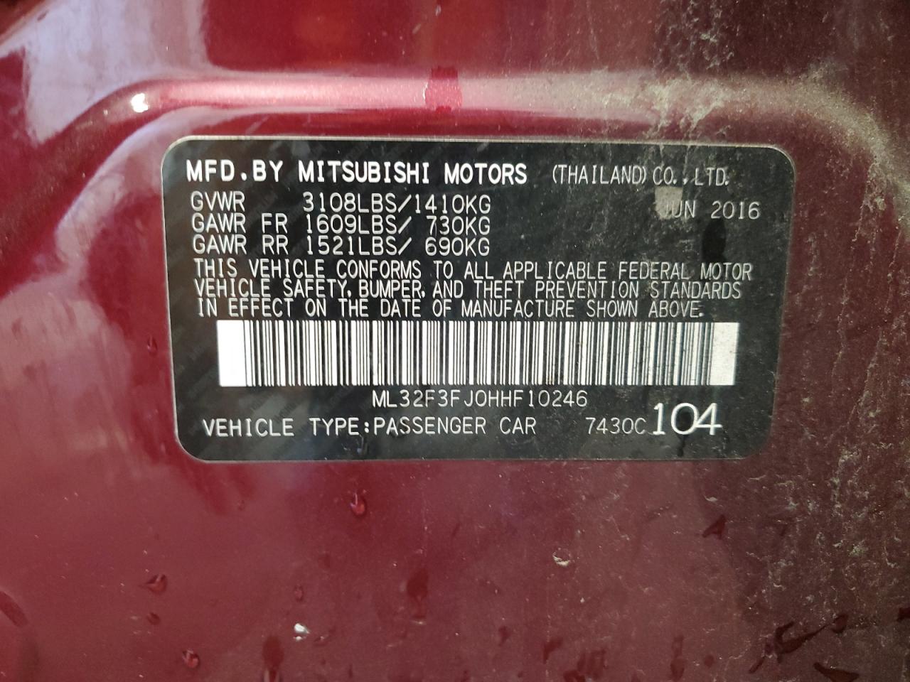 ML32F3FJ0HHF10246 2017 Mitsubishi Mirage G4 Es