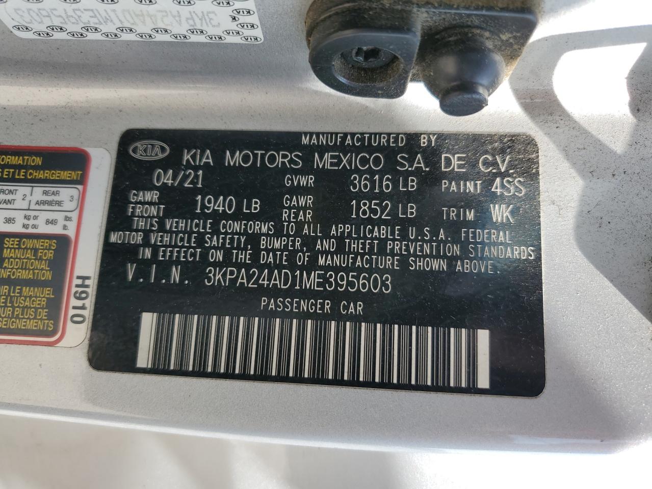 3KPA24AD1ME395603 2021 Kia Rio Lx