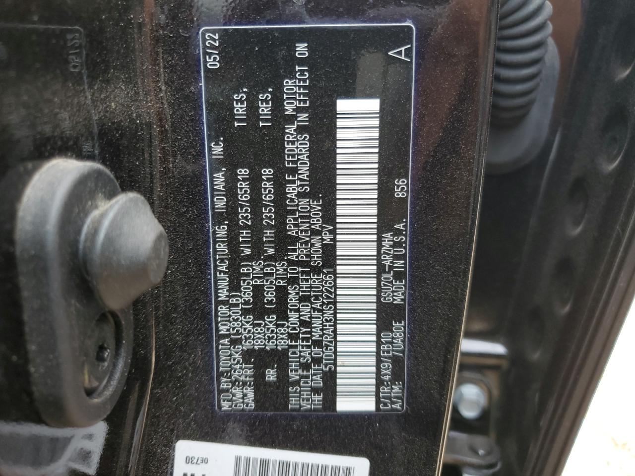 5TDGZRAH3NS122661 2022 Toyota Highlander Xle